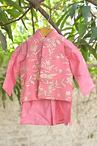 Rose Pink Georgette Embroidered Nehru Jacket Set For Boys by SHRUTI JALAN