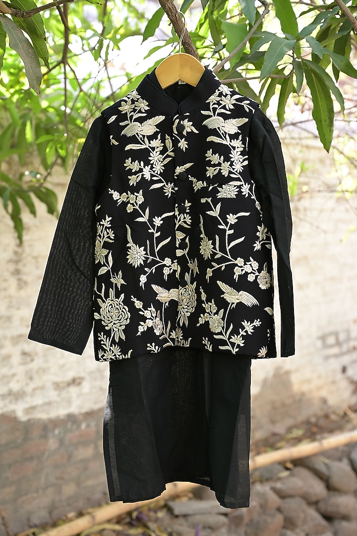 Black Georgette Embroidered Nehru Jacket Set For Boys by SHRUTI JALAN at Pernia's Pop Up Shop