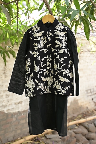 Black Georgette Embroidered Nehru Jacket Set For Boys by SHRUTI JALAN
