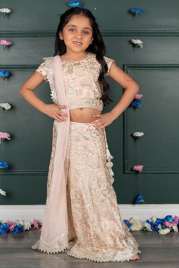 Pale Pink Net Embroidered Lehenga Set For Girls by SHRUTI JALAN at Pernia's Pop Up Shop