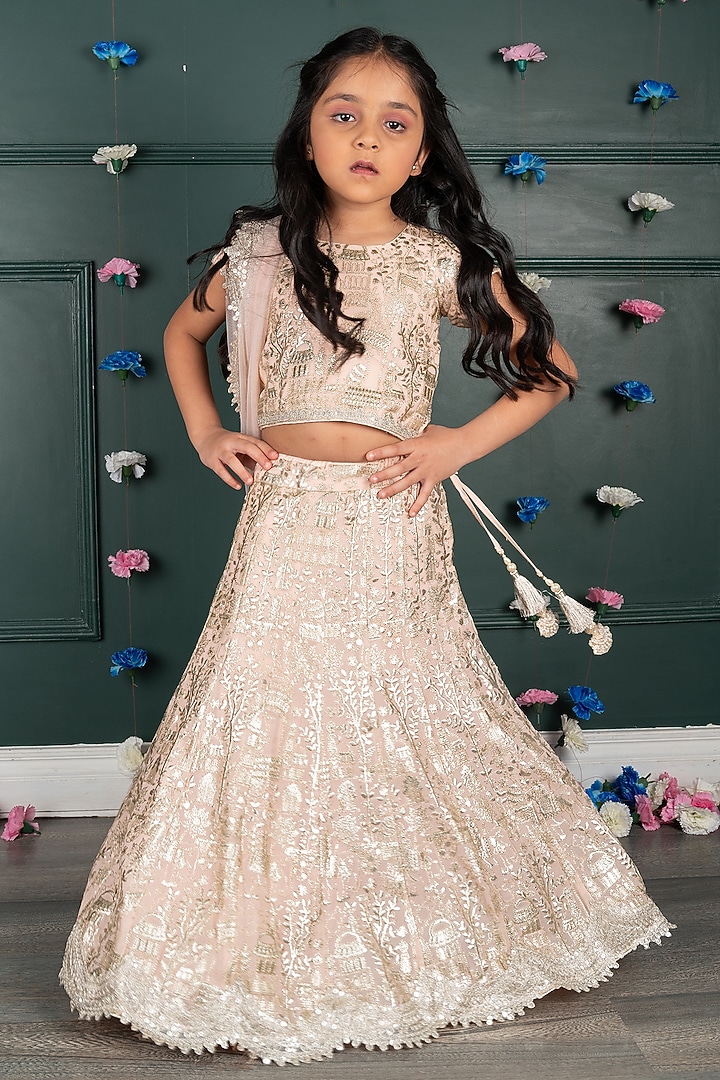 Pale Pink Net Embroidered Lehenga Set For Girls by SHRUTI JALAN at Pernia's Pop Up Shop