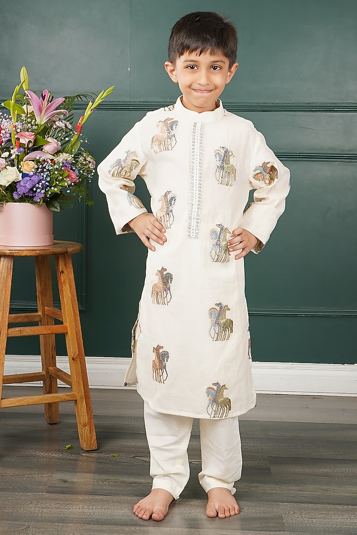 Cream Mal & Chanderi Embroidered Kurta Set For Boys by SHRUTI JALAN at Pernia's Pop Up Shop