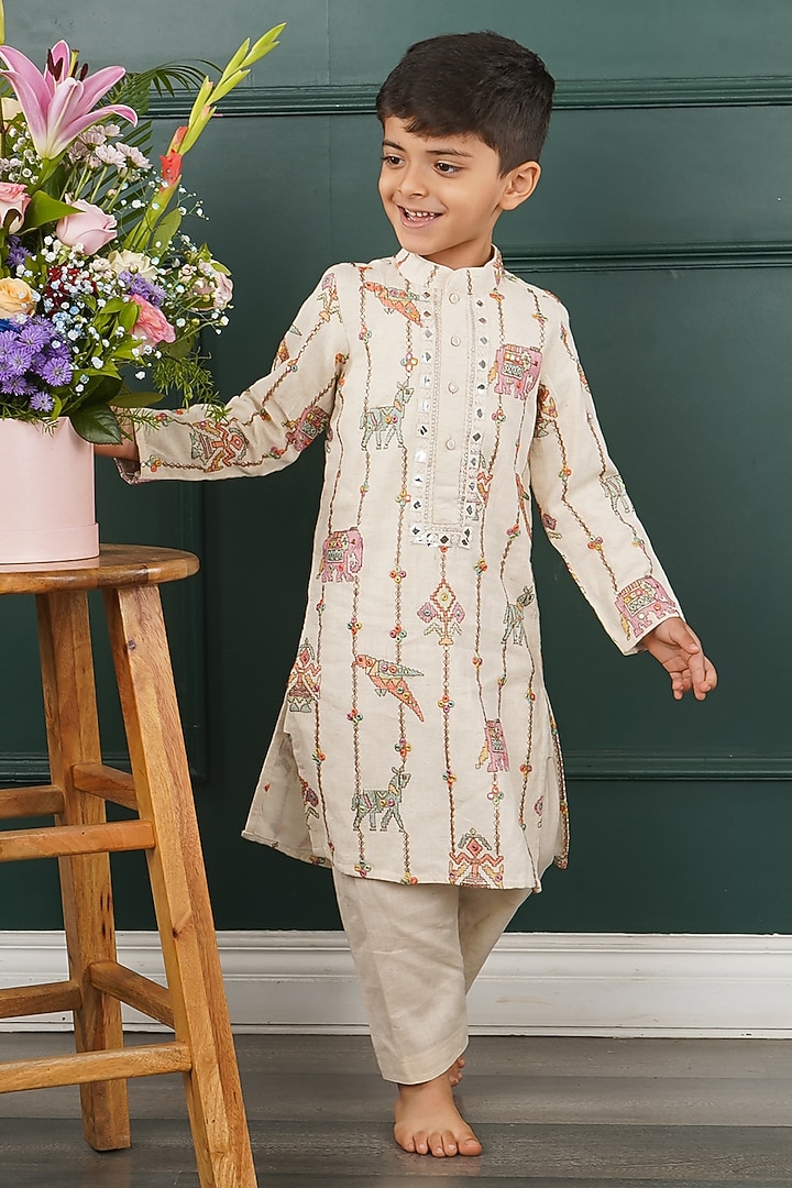 Cream Mal Embroidered Kurta Set For Boys by SHRUTI JALAN at Pernia's Pop Up Shop