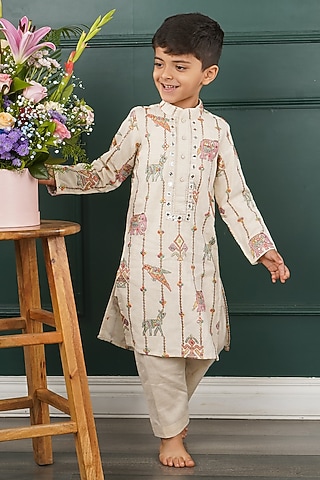 Cream Mal Embroidered Kurta Set For Boys by SHRUTI JALAN