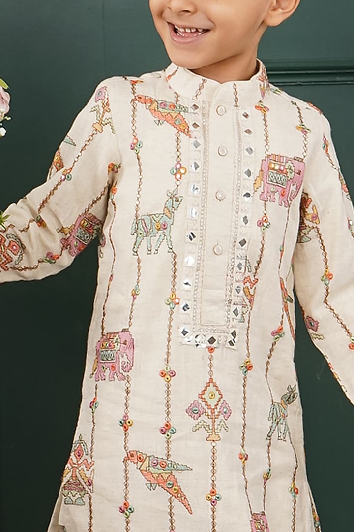 Cream Mal Embroidered Kurta Set For Boys by SHRUTI JALAN at Pernia's Pop Up Shop