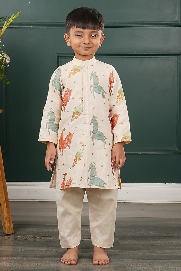 Cream Mal Embroidered Kurta Set For Boys by SHRUTI JALAN at Pernia's Pop Up Shop