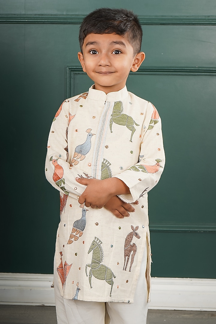 Cream Mal Embroidered Kurta Set For Boys by SHRUTI JALAN at Pernia's Pop Up Shop
