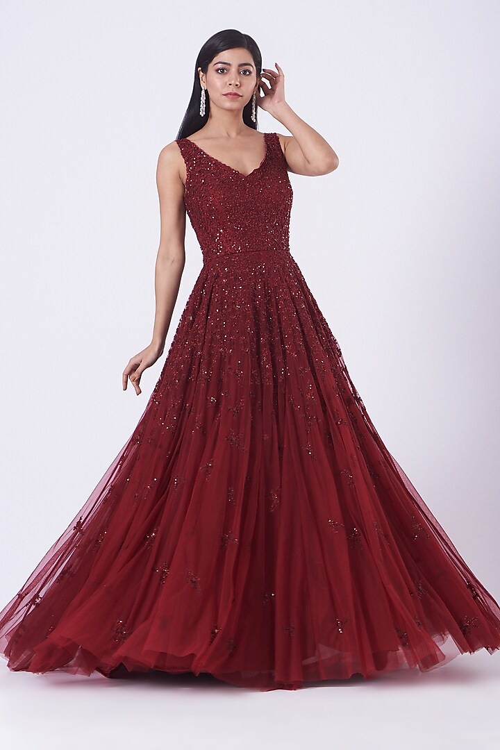 Maroon Embroidered Gown by SHIVA JANGRA