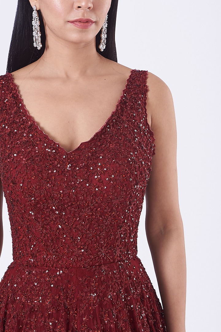 Maroon Embroidered Gown by SHIVA JANGRA at Pernia's Pop Up Shop