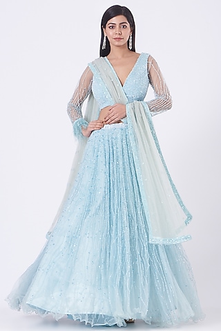 Powder Blue Embroidered Lehenga Set by SHIVA JANGRA
