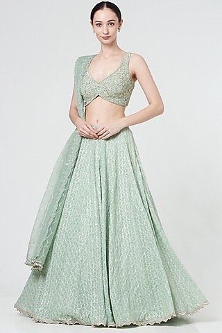 Mint Green Embroidered Lehenga Set by SHIVA JANGRA
