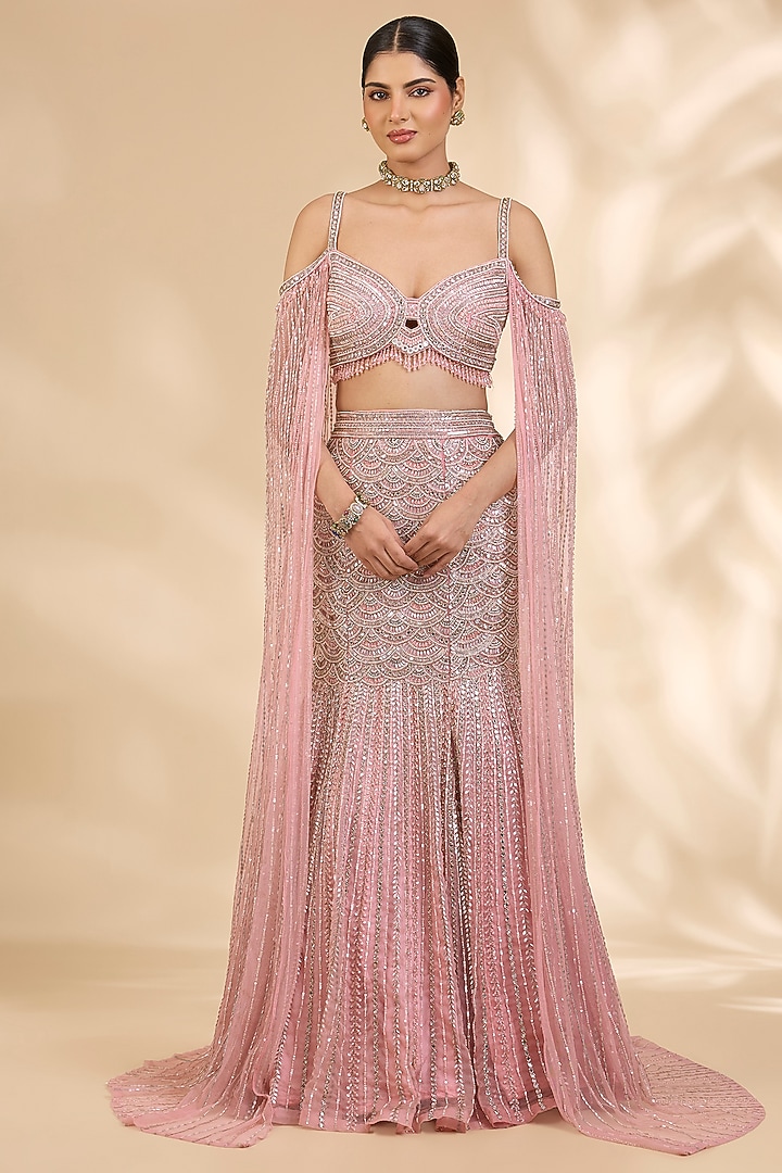 Blush Pink Organza Hand-Embroidered Fish-Cut Bridal Lehenga Set by SHIVA JANGRA at Pernia's Pop Up Shop
