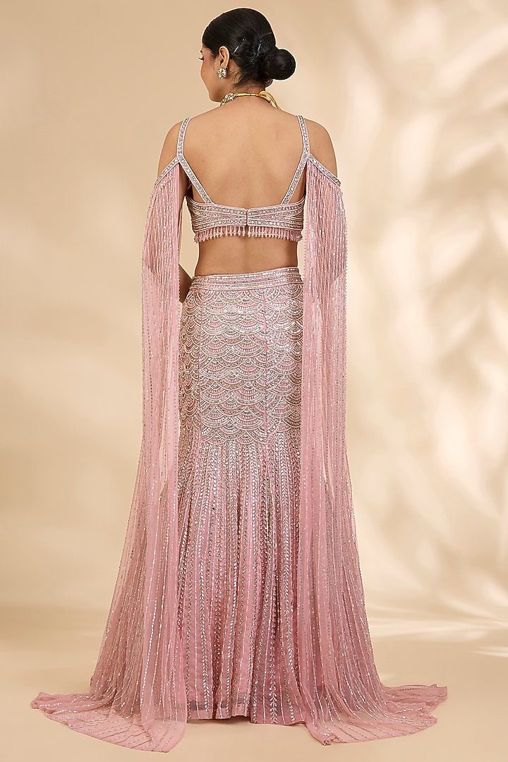 Blush Pink Organza Hand-Embroidered Fish-Cut Bridal Lehenga Set by SHIVA JANGRA at Pernia's Pop Up Shop