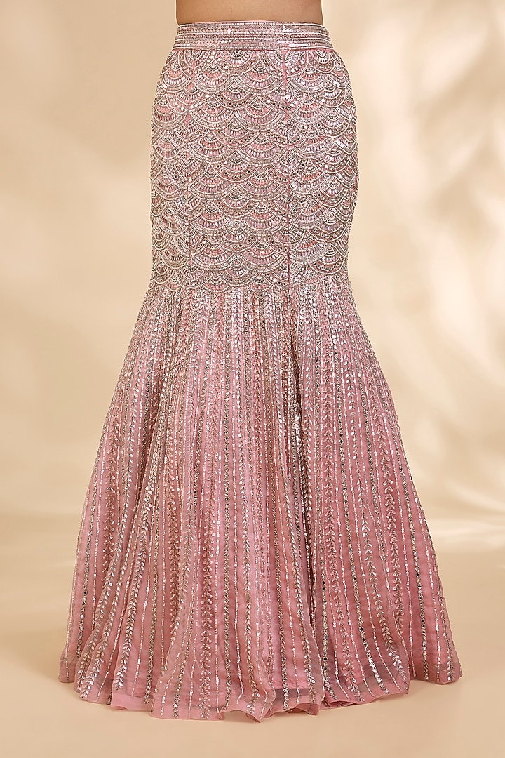 Blush Pink Organza Hand-Embroidered Fish-Cut Bridal Lehenga Set by SHIVA JANGRA at Pernia's Pop Up Shop