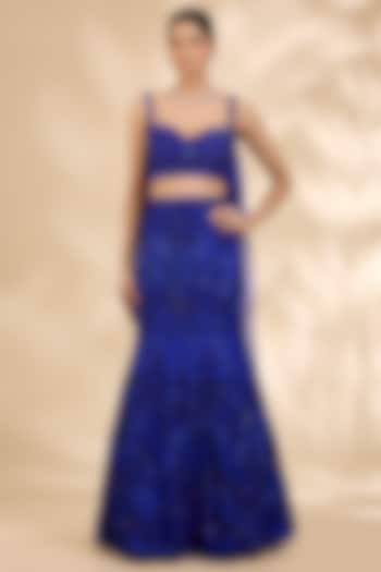 Royal Blue Organza Hand-Embroidered Fish-Cut Bridal Lehenga Set by SHIVA JANGRA at Pernia's Pop Up Shop
