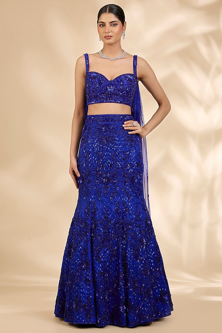 Royal Blue Organza Hand-Embroidered Fish-Cut Bridal Lehenga Set by SHIVA JANGRA at Pernia's Pop Up Shop
