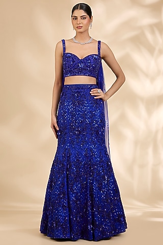 Royal Blue Organza Hand-Embroidered Fish-Cut Lehenga Set by SHIVA JANGRA