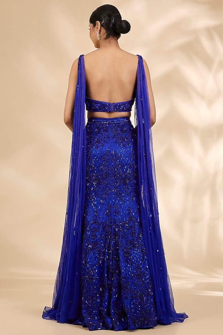 Royal Blue Organza Hand-Embroidered Fish-Cut Bridal Lehenga Set by SHIVA JANGRA at Pernia's Pop Up Shop