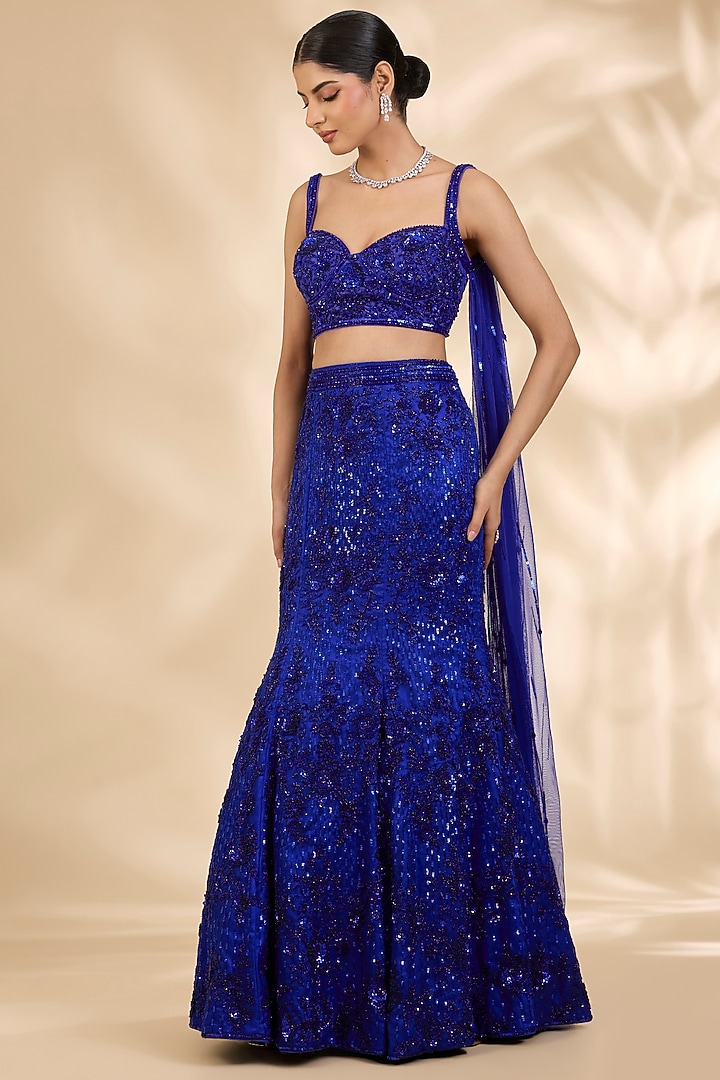 Royal Blue Organza Hand-Embroidered Fish-Cut Bridal Lehenga Set by SHIVA JANGRA at Pernia's Pop Up Shop