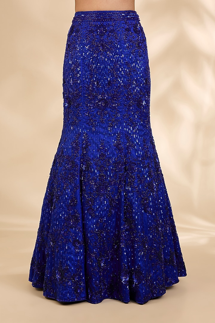 Royal Blue Organza Hand-Embroidered Fish-Cut Bridal Lehenga Set by SHIVA JANGRA at Pernia's Pop Up Shop