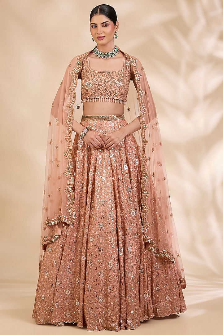 Rust Gold Georgette Sequin Embroidered A-Line Wedding Lehenga Set by SHIVA JANGRA at Pernia's Pop Up Shop