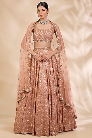 Rust Gold Georgette Sequin Embroidered A-Line Lehenga Set by SHIVA JANGRA