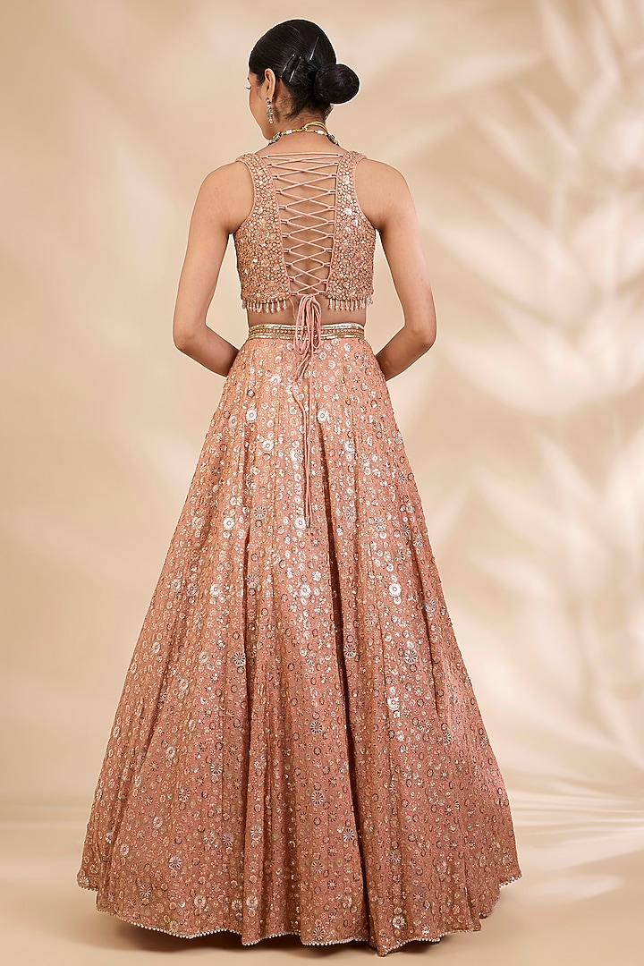 Rust Gold Georgette Sequin Embroidered A-Line Wedding Lehenga Set by SHIVA JANGRA at Pernia's Pop Up Shop