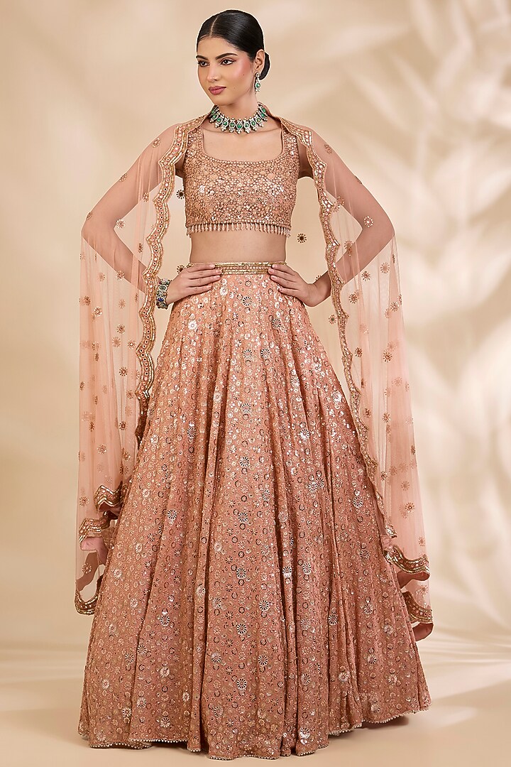Rust Gold Georgette Sequin Embroidered A-Line Wedding Lehenga Set by SHIVA JANGRA at Pernia's Pop Up Shop