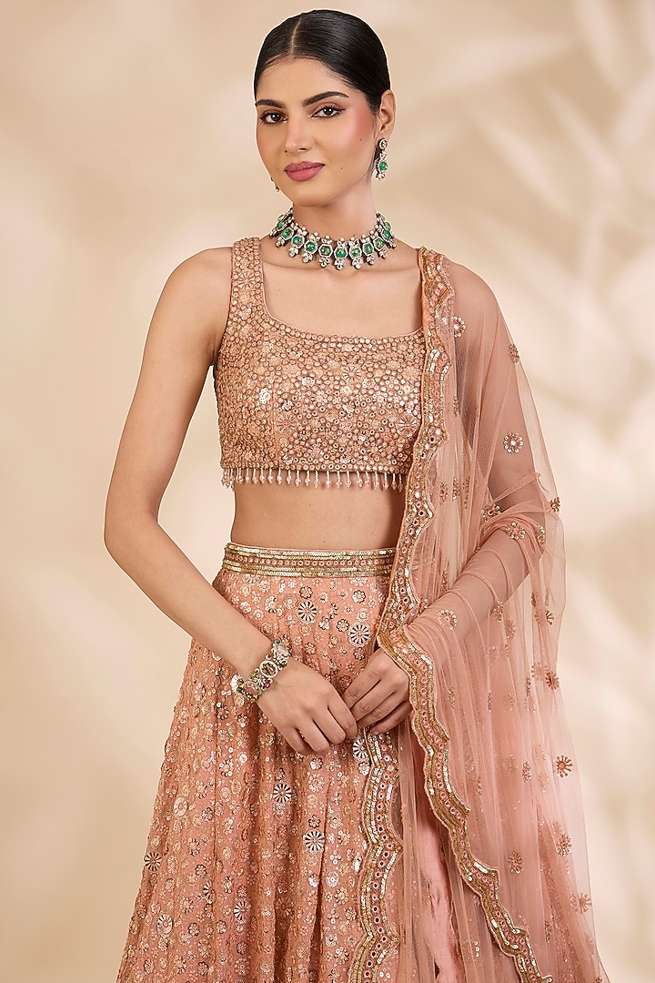 Rust Gold Georgette Sequin Embroidered A-Line Wedding Lehenga Set by SHIVA JANGRA at Pernia's Pop Up Shop