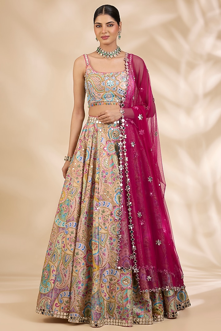 Multi-Coloured Silk Mirrorwork & Sequin Embellished A-Line Wedding Lehenga Set by SHIVA JANGRA at Pernia's Pop Up Shop