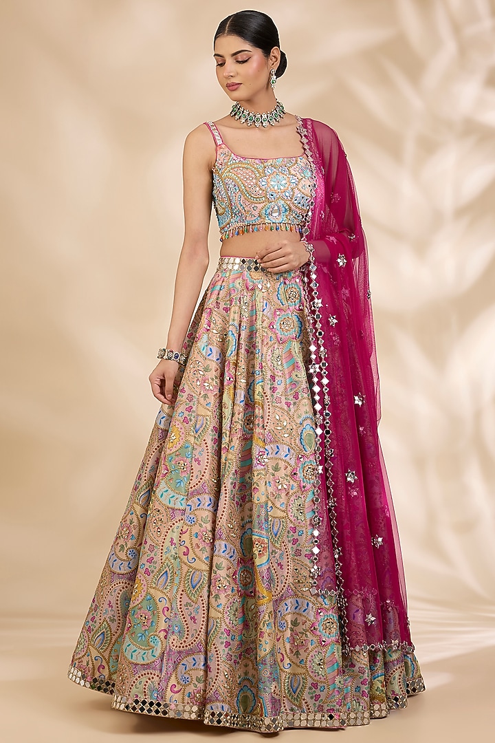 Multi-Coloured Silk Mirrorwork & Sequin Embellished A-Line Wedding Lehenga Set by SHIVA JANGRA at Pernia's Pop Up Shop