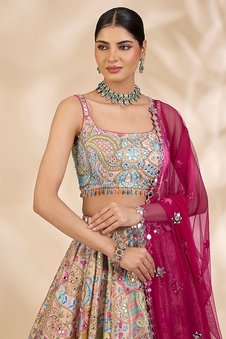 Multi-Coloured Silk Mirrorwork & Sequin Embellished A-Line Wedding Lehenga Set by SHIVA JANGRA at Pernia's Pop Up Shop