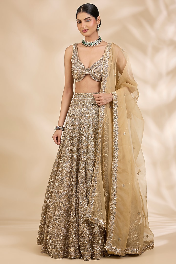 Gold Organza Nakshi & Zardozi Embroidered A-Line Bridal Lehenga Set by SHIVA JANGRA at Pernia's Pop Up Shop