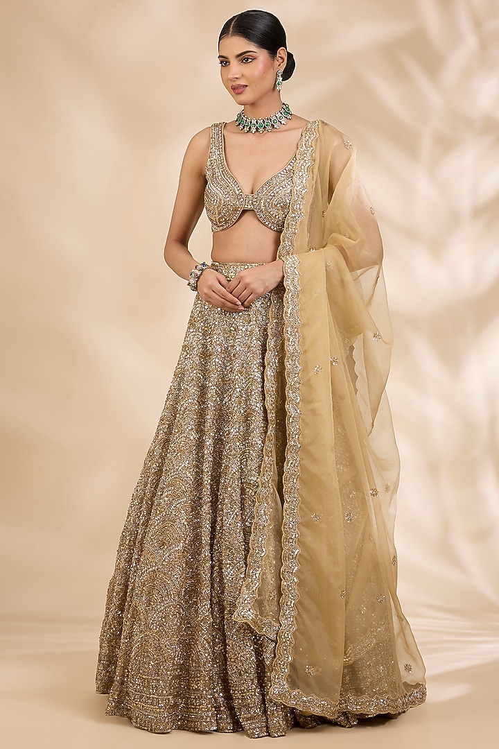 Gold Organza Nakshi & Zardozi Embroidered A-Line Bridal Lehenga Set by SHIVA JANGRA at Pernia's Pop Up Shop