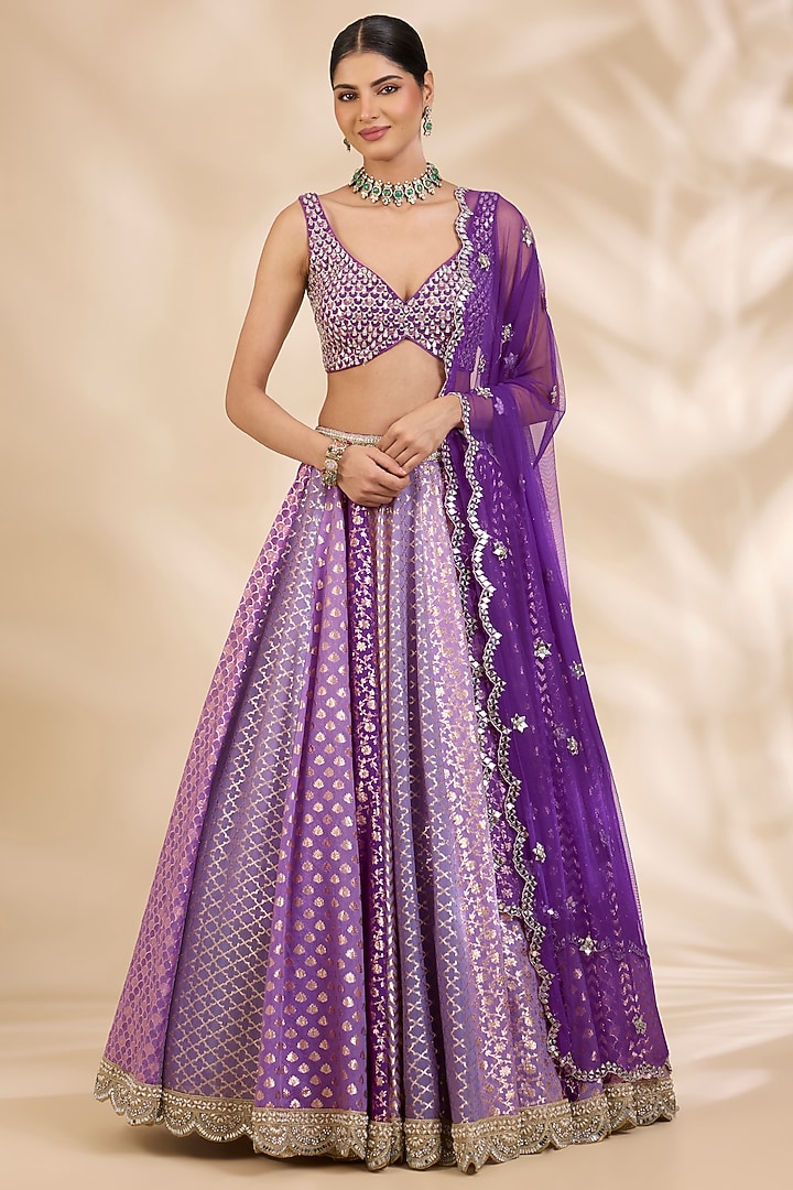 Purple Chanderi Brocade Mirror Embellished A-Line Wedding Lehenga Set by SHIVA JANGRA at Pernia's Pop Up Shop