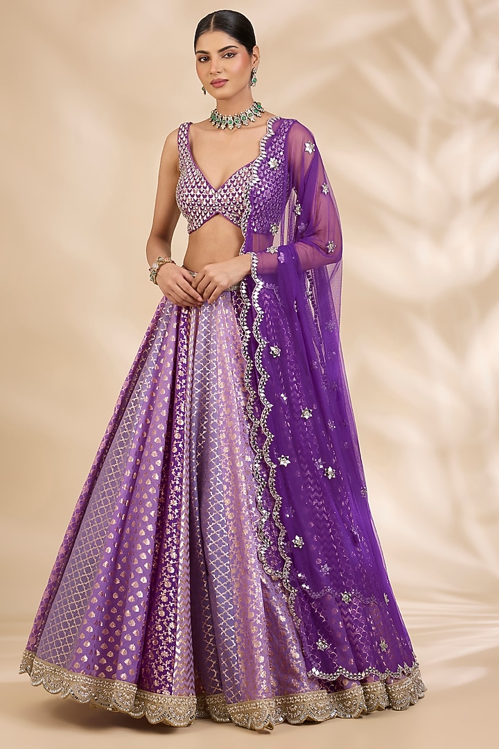 Purple Chanderi Brocade Mirror Embellished A-Line Wedding Lehenga Set by SHIVA JANGRA at Pernia's Pop Up Shop