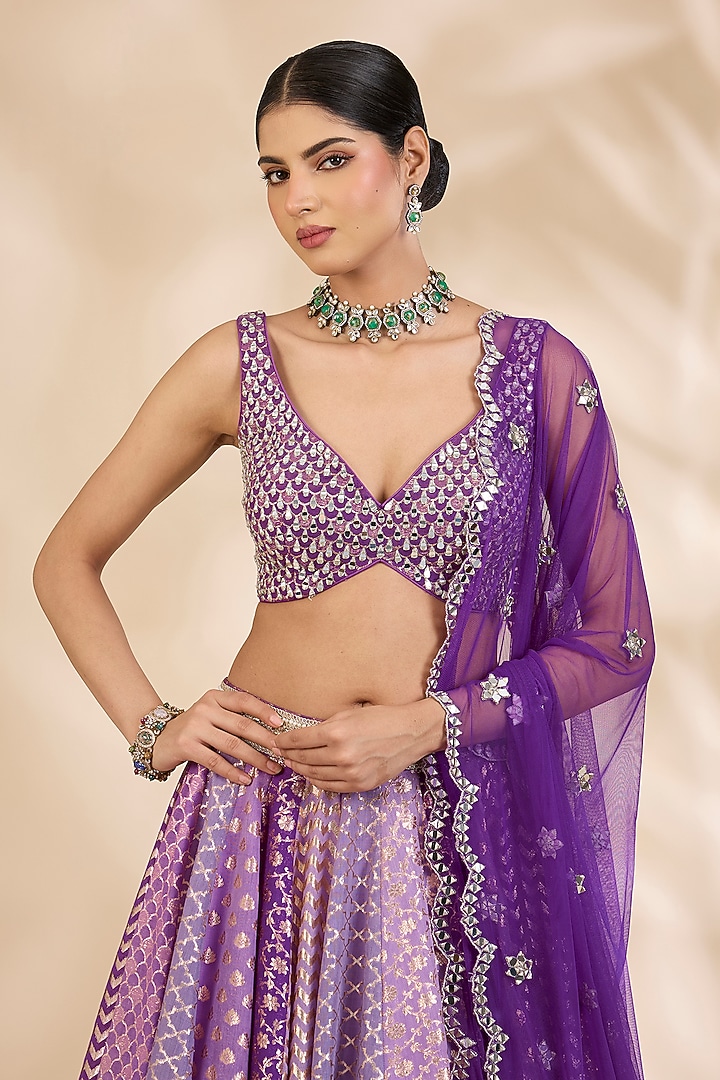 Purple Chanderi Brocade Mirror Embellished A-Line Wedding Lehenga Set by SHIVA JANGRA at Pernia's Pop Up Shop