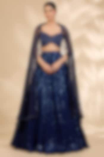 Navy Blue Georgette Embroidered A-Line Wedding Lehenga Set by SHIVA JANGRA at Pernia's Pop Up Shop