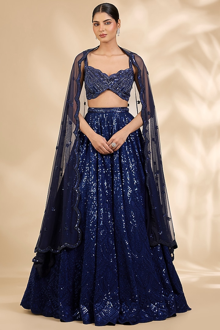 Navy Blue Georgette Embroidered A-Line Wedding Lehenga Set by SHIVA JANGRA at Pernia's Pop Up Shop