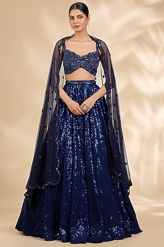 Navy Blue Georgette Embroidered A-Line Lehenga Set by SHIVA JANGRA