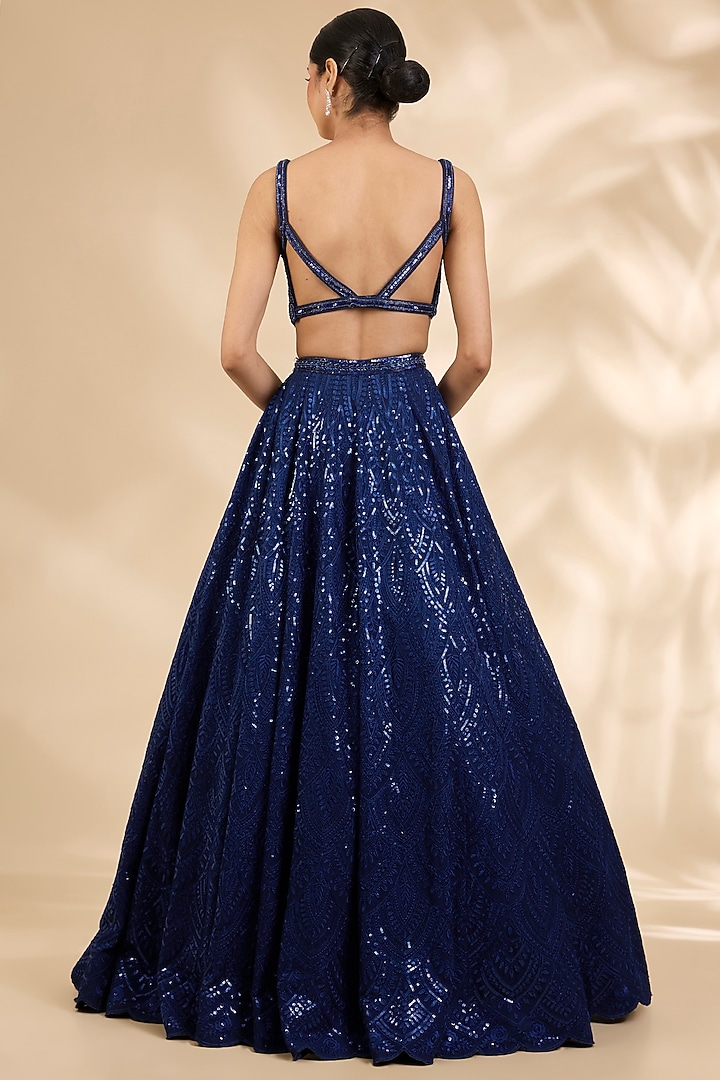 Navy Blue Georgette Embroidered A-Line Wedding Lehenga Set by SHIVA JANGRA at Pernia's Pop Up Shop