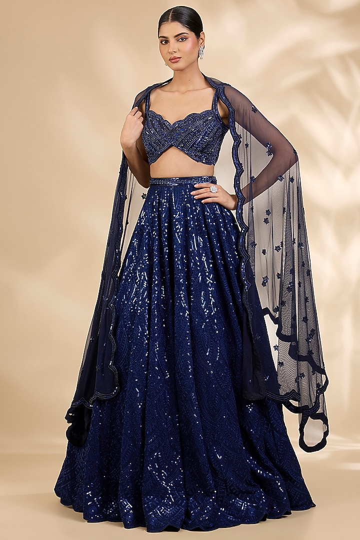 Navy Blue Georgette Embroidered A-Line Wedding Lehenga Set by SHIVA JANGRA at Pernia's Pop Up Shop