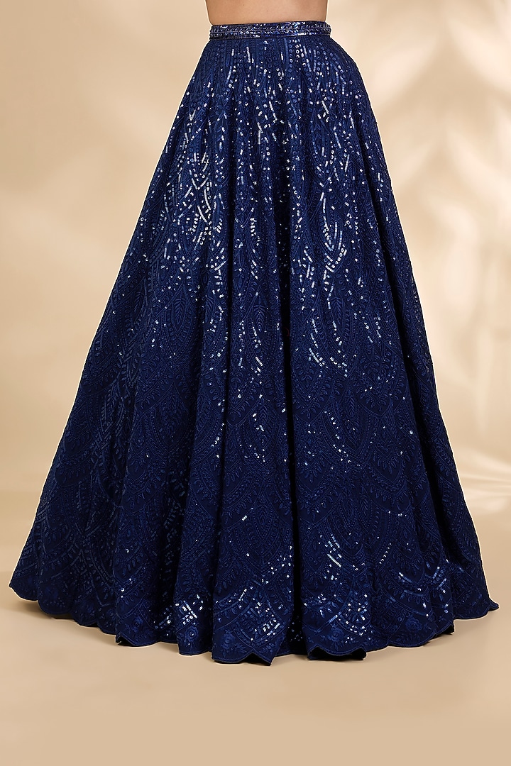 Navy Blue Georgette Embroidered A-Line Wedding Lehenga Set by SHIVA JANGRA at Pernia's Pop Up Shop