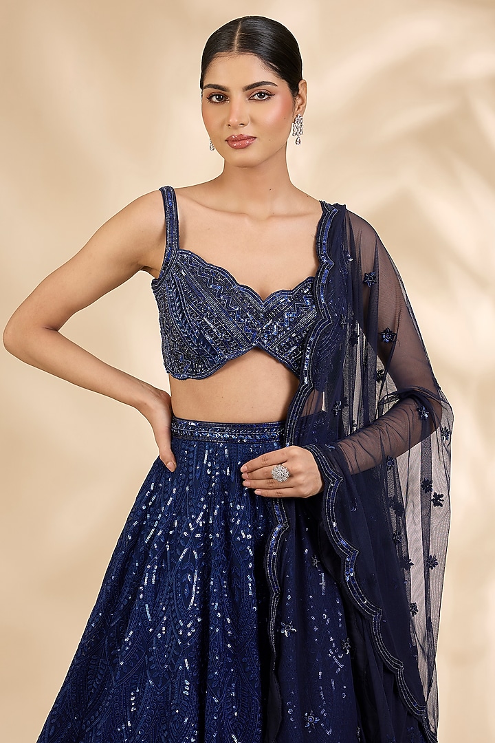 Navy Blue Georgette Embroidered A-Line Wedding Lehenga Set by SHIVA JANGRA at Pernia's Pop Up Shop