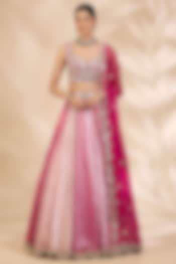 Pink Chanderi Brocade Mirrorwork A-Line Wedding Lehenga Set by SHIVA JANGRA at Pernia's Pop Up Shop