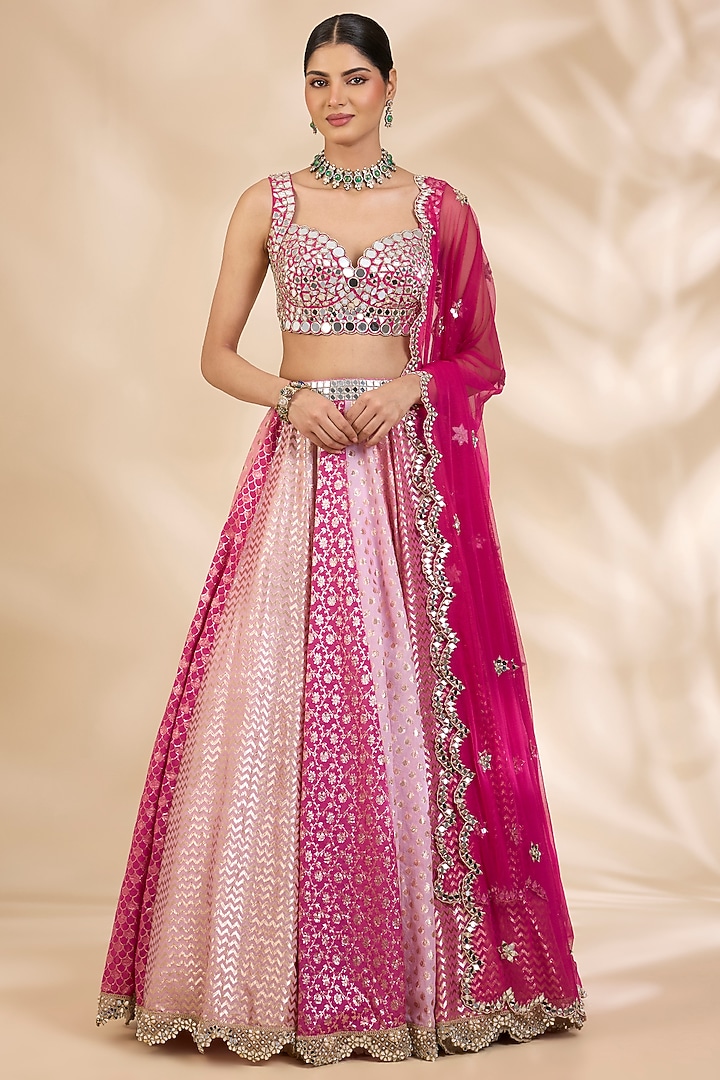 Pink Chanderi Brocade Mirrorwork A-Line Wedding Lehenga Set by SHIVA JANGRA at Pernia's Pop Up Shop