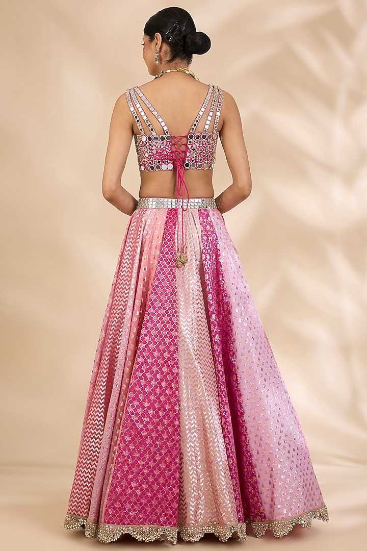 Pink Chanderi Brocade Mirrorwork A-Line Wedding Lehenga Set by SHIVA JANGRA at Pernia's Pop Up Shop