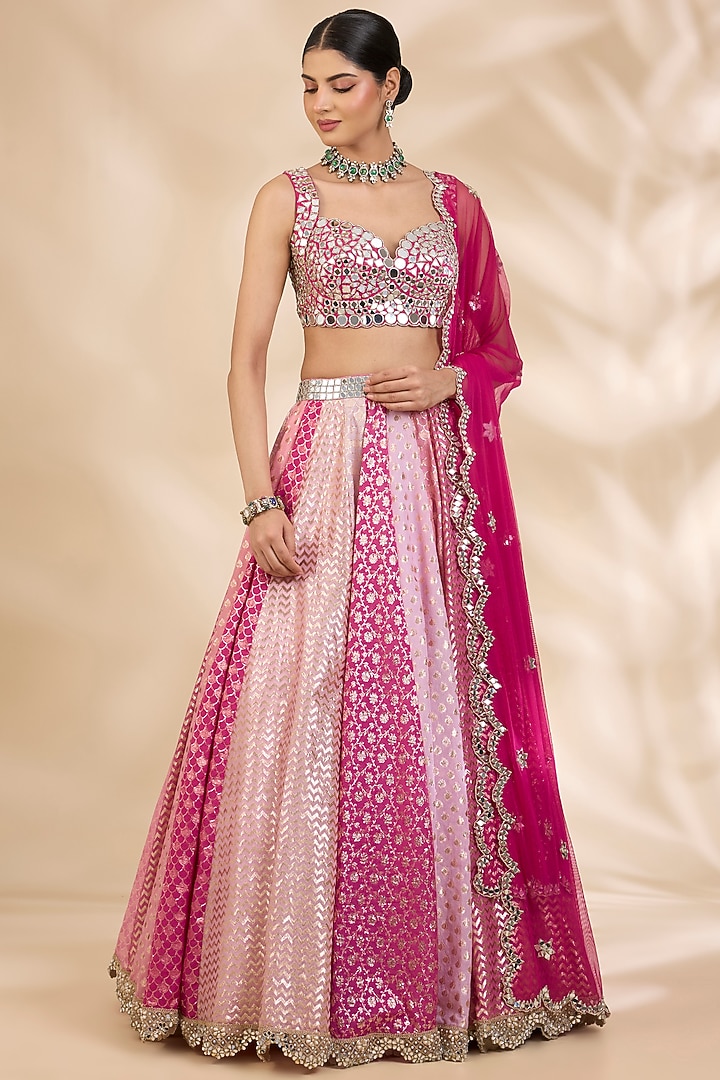 Pink Chanderi Brocade Mirrorwork A-Line Wedding Lehenga Set by SHIVA JANGRA at Pernia's Pop Up Shop