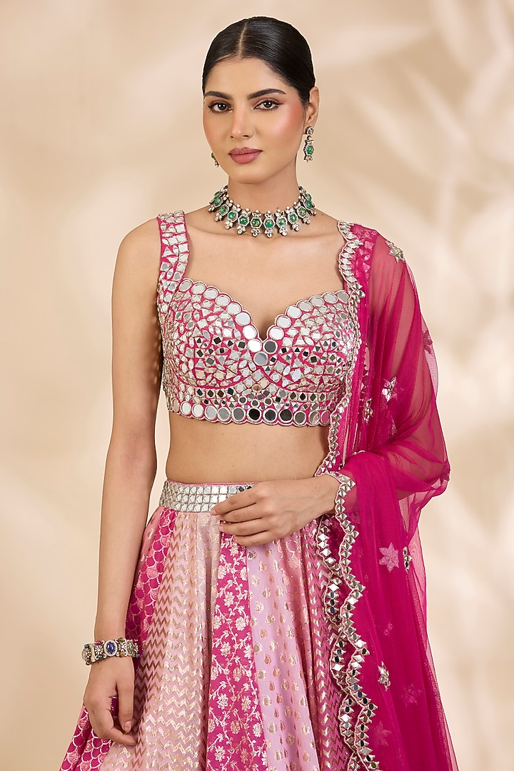 Pink Chanderi Brocade Mirrorwork A-Line Wedding Lehenga Set by SHIVA JANGRA at Pernia's Pop Up Shop