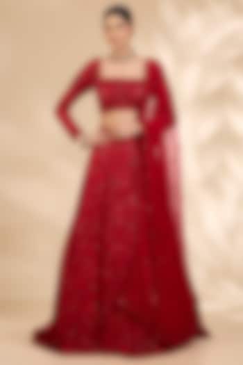 Red Net Thread Embroidered A-Line Wedding Lehenga Set by SHIVA JANGRA at Pernia's Pop Up Shop